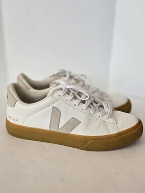 Veja White Leather Sneakers with Gum Sole and Light Gray V Logo